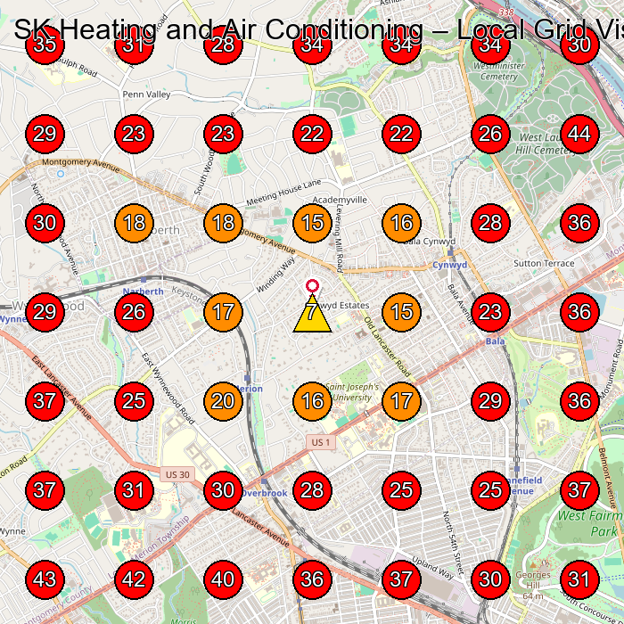 SK Heating and Air Conditioning GeoGrid visibility map for Hvac Contractor in Philadelphia